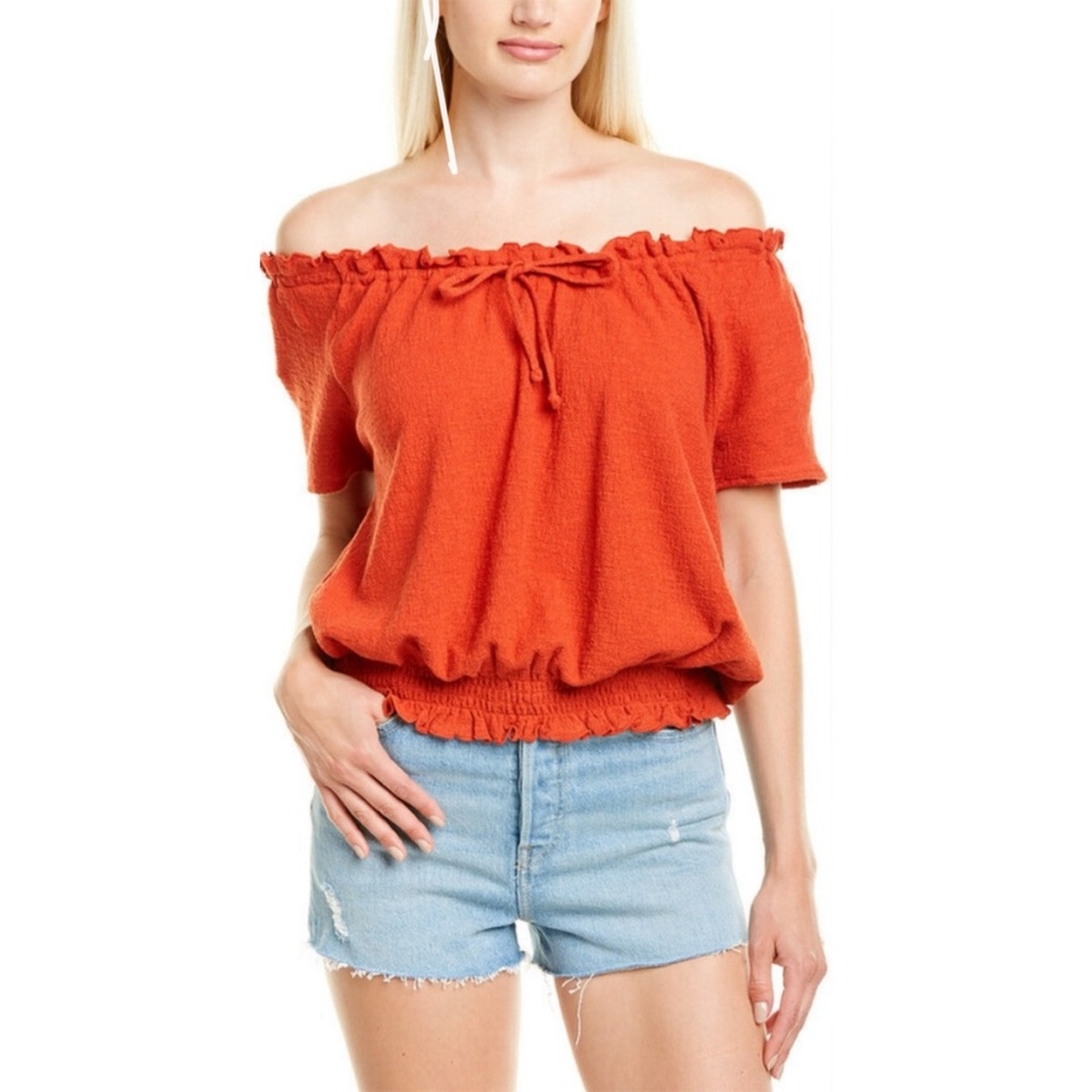 Madewell Orange Textured Drawstring Top Smocked Stretchy Off The Shoulder Spring